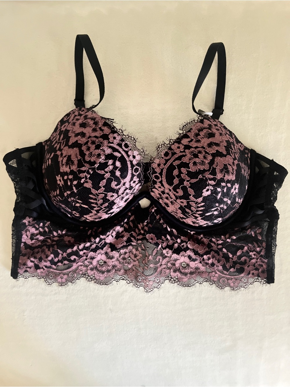 La Senza NWT Black/Pastel Pink Lace Lightly Lined Longline Bustier Bra - Size XL